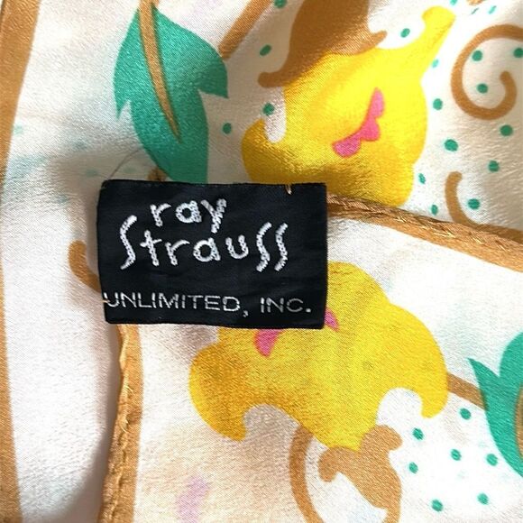 Vintage Ray Strauss Silk Scarf Ivory Floral Green Yellow Tan 35x35” Japan - Picture 8 of 10